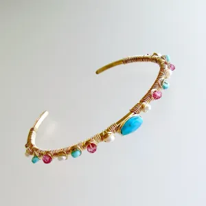 Sleeping Beauty Turquoise Pink Topaz Seed Pearls Hand Wrapped Cuff Bracelet - Ainsley Stacking Bracelet