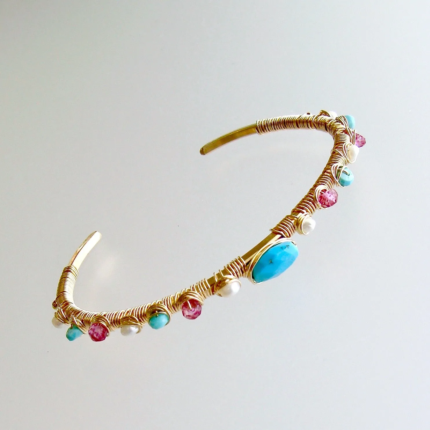 Sleeping Beauty Turquoise Pink Topaz Seed Pearls Hand Wrapped Cuff Bracelet - Ainsley Stacking Bracelet