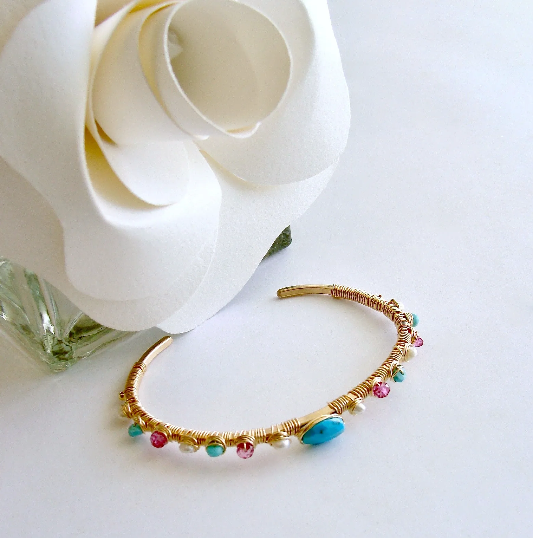 Sleeping Beauty Turquoise Pink Topaz Seed Pearls Hand Wrapped Cuff Bracelet - Ainsley Stacking Bracelet