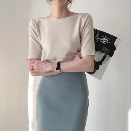 Slim Fit Half Sleeve Causal Blouse with O-Neck