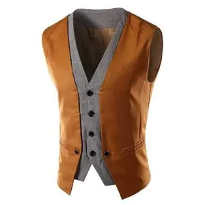 Slimming Single Breasted V-Neck Color Block Waistcoat For Men - Camel L