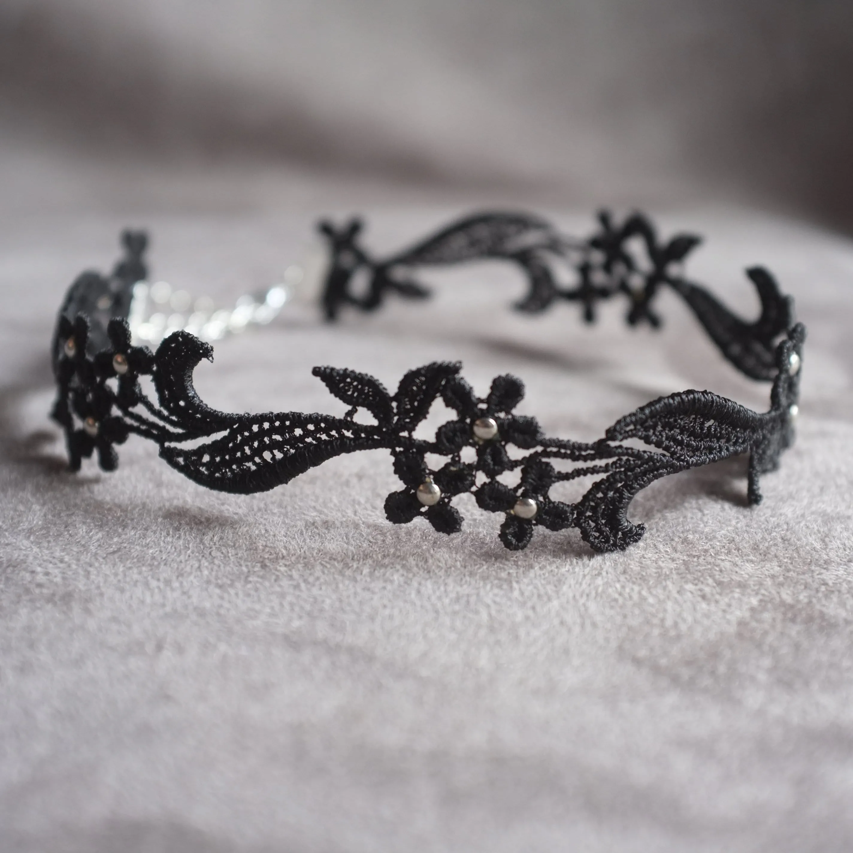 Sophia Black Floral Lace Choker Necklace with Silver Beads