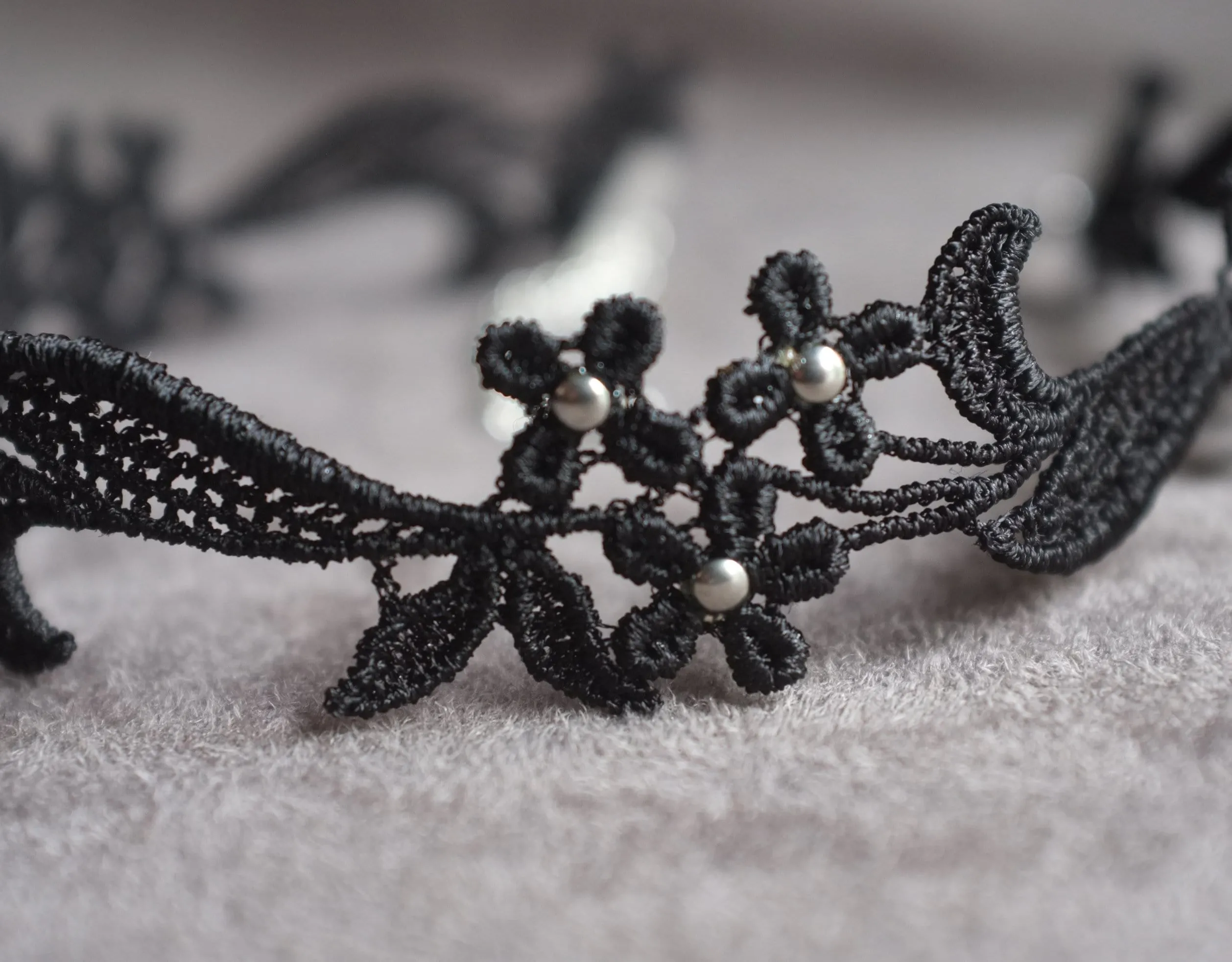 Sophia Black Floral Lace Choker Necklace with Silver Beads