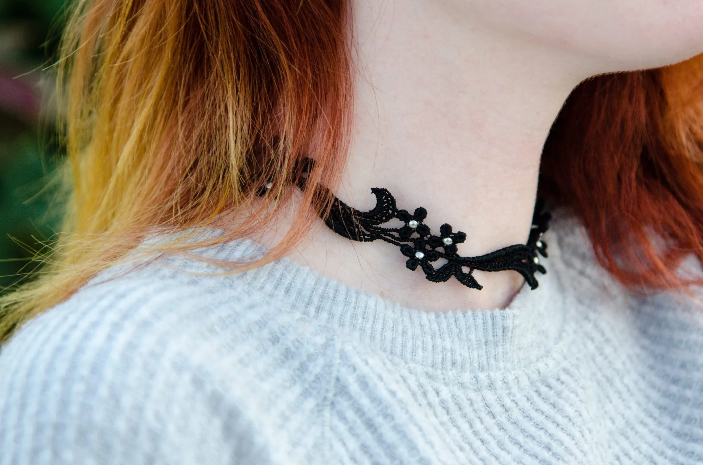 Sophia Black Floral Lace Choker Necklace with Silver Beads