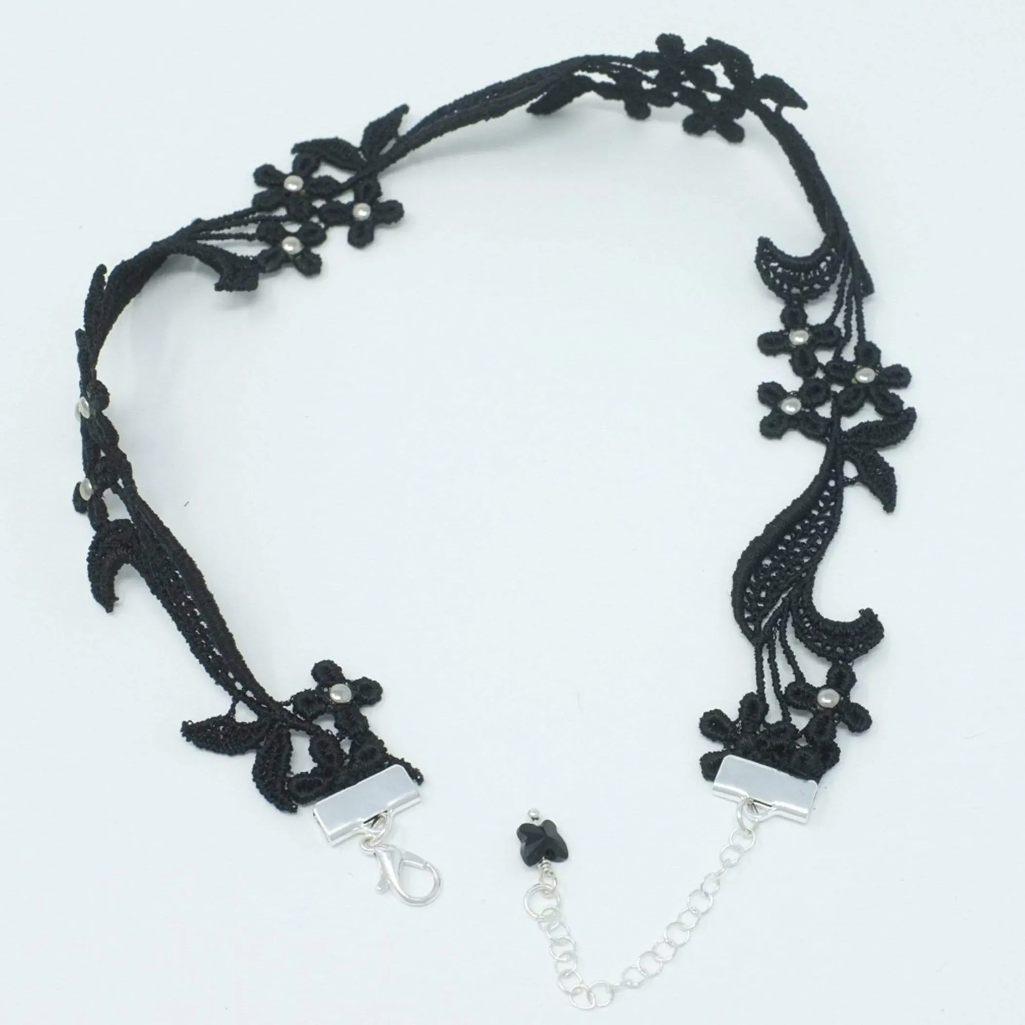 Sophia Black Floral Lace Choker Necklace with Silver Beads