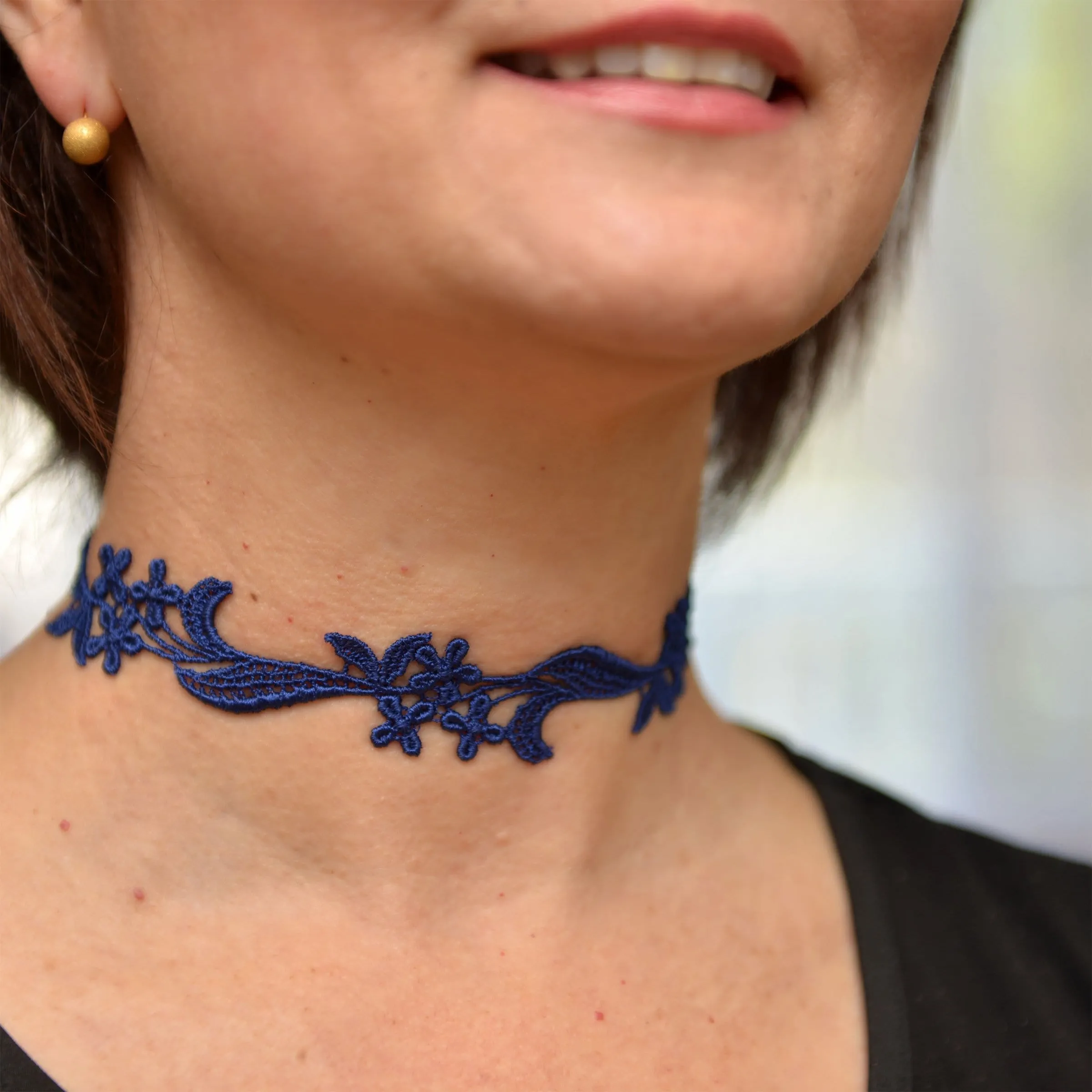 Sophia Navy Blue Floral Lace Choker Necklace