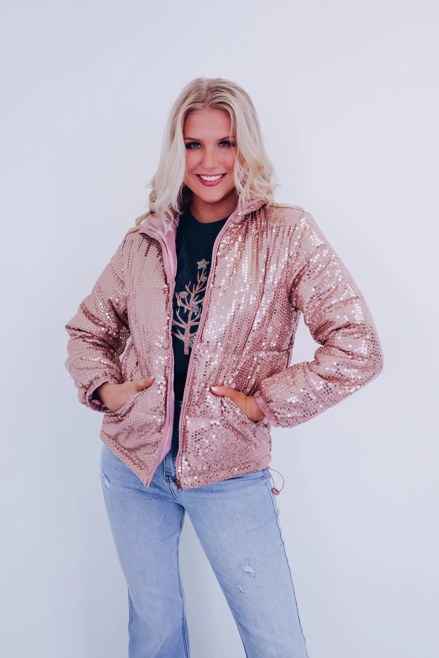 Southern Sparkle  Sequin Puff Jacket - Rose Gold