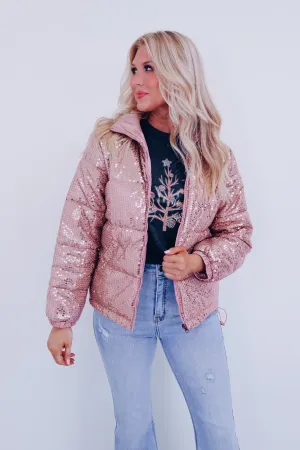 Southern Sparkle  Sequin Puff Jacket - Rose Gold