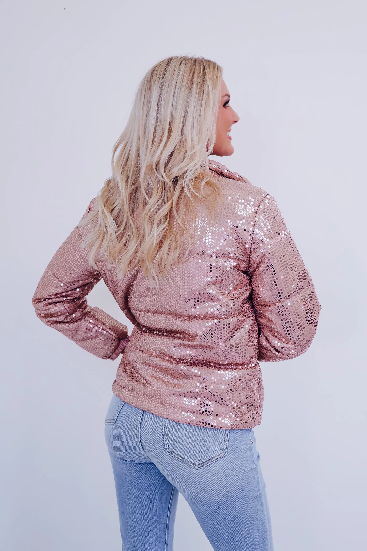 Southern Sparkle  Sequin Puff Jacket - Rose Gold