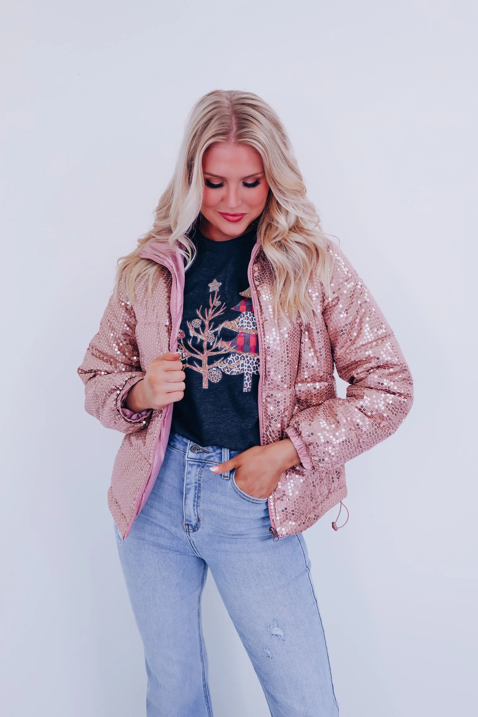 Southern Sparkle  Sequin Puff Jacket - Rose Gold
