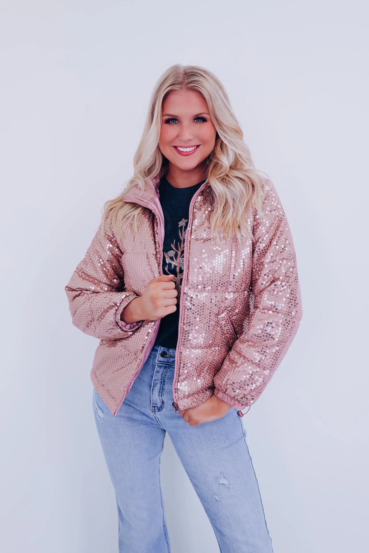 Southern Sparkle  Sequin Puff Jacket - Rose Gold