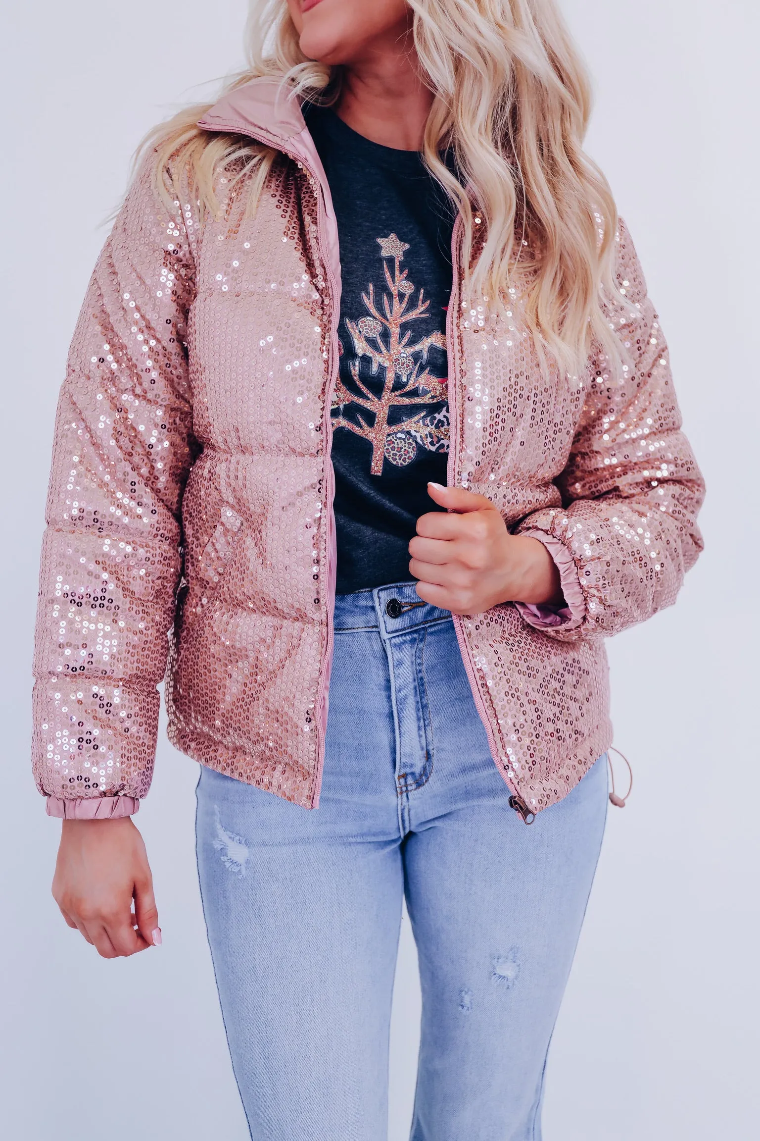 Southern Sparkle  Sequin Puff Jacket - Rose Gold