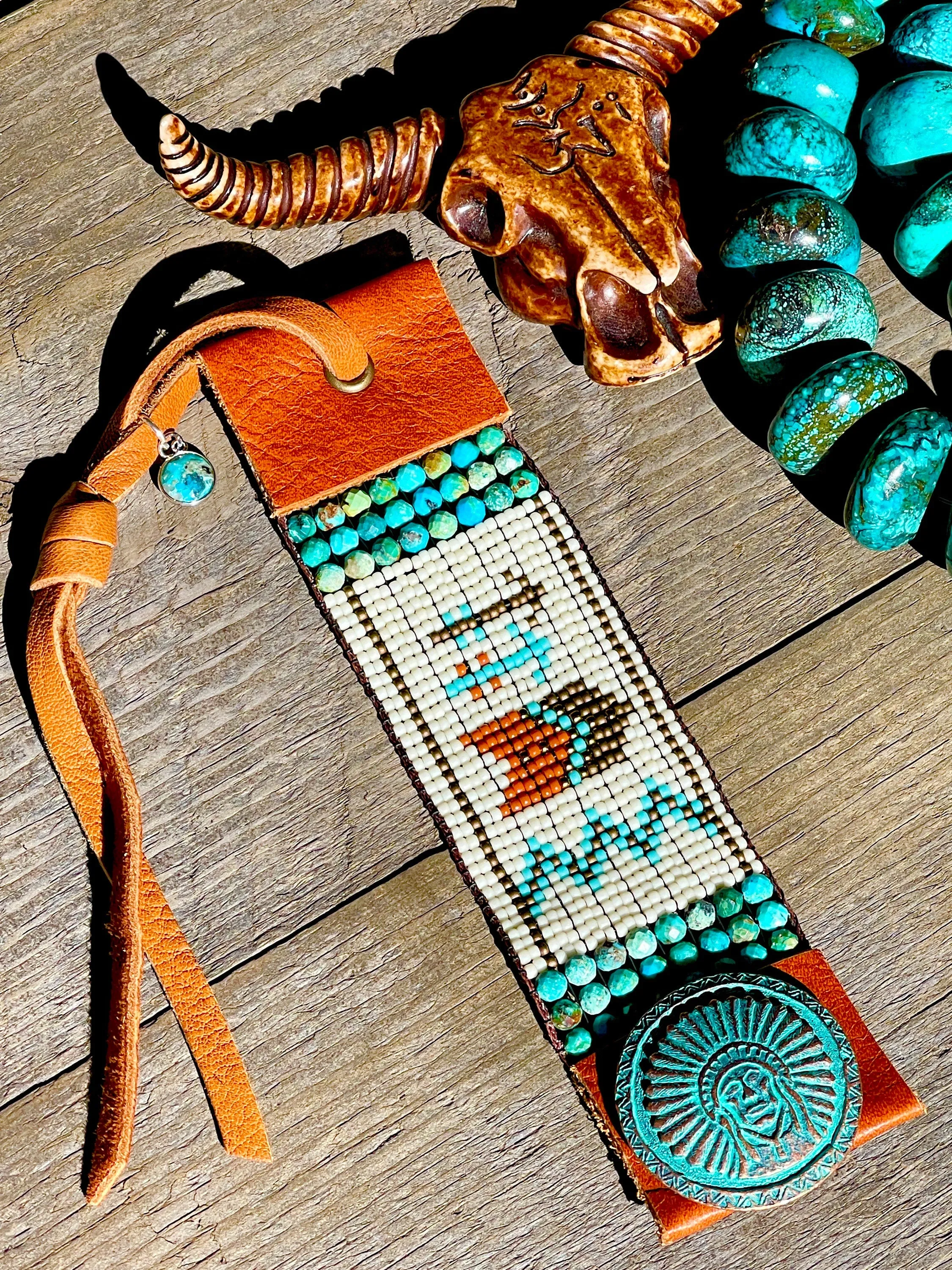Southwestern Story Teller Cuff Bracelet; Turquoise and Leather Cuff