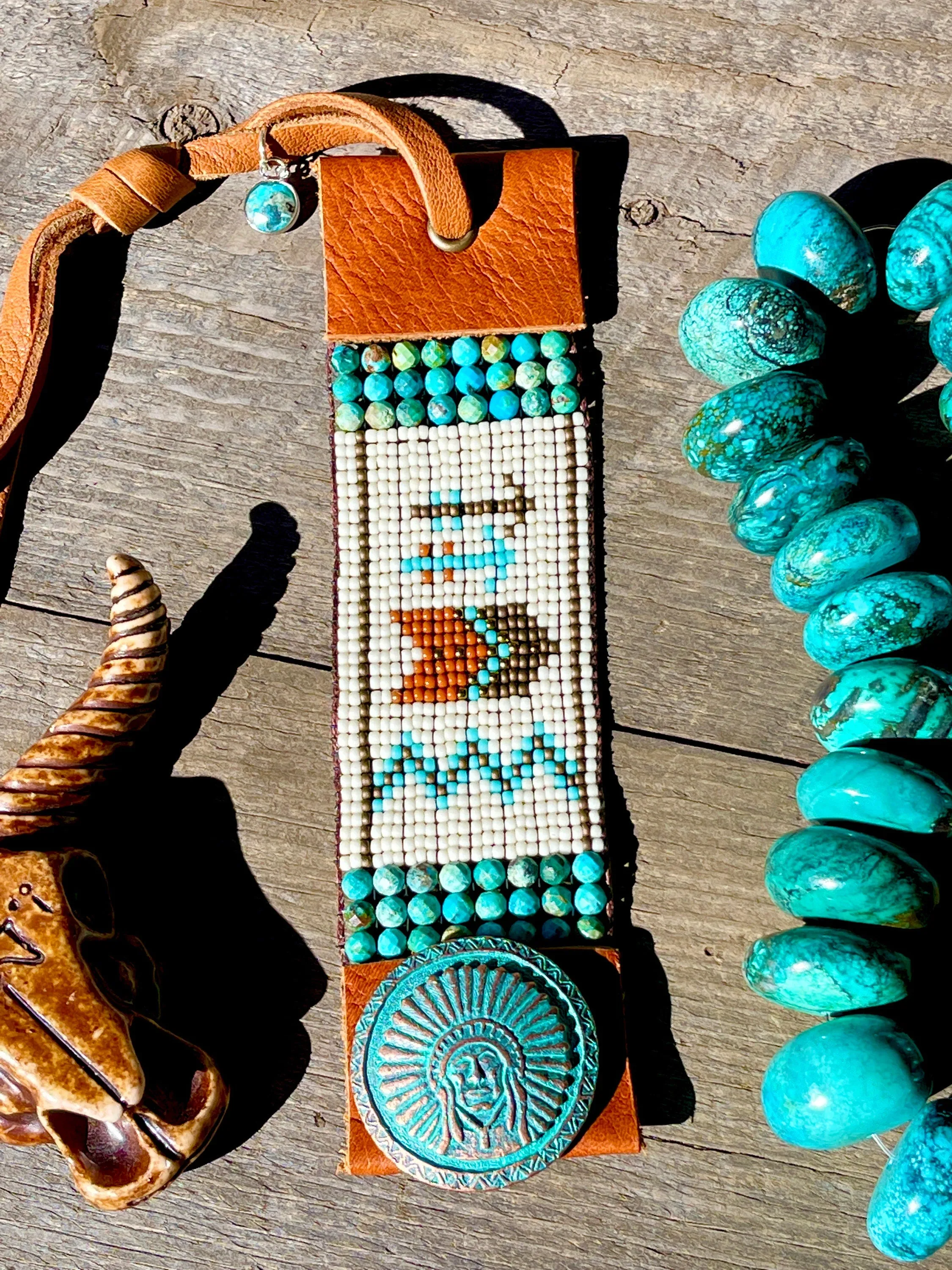 Southwestern Story Teller Cuff Bracelet; Turquoise and Leather Cuff