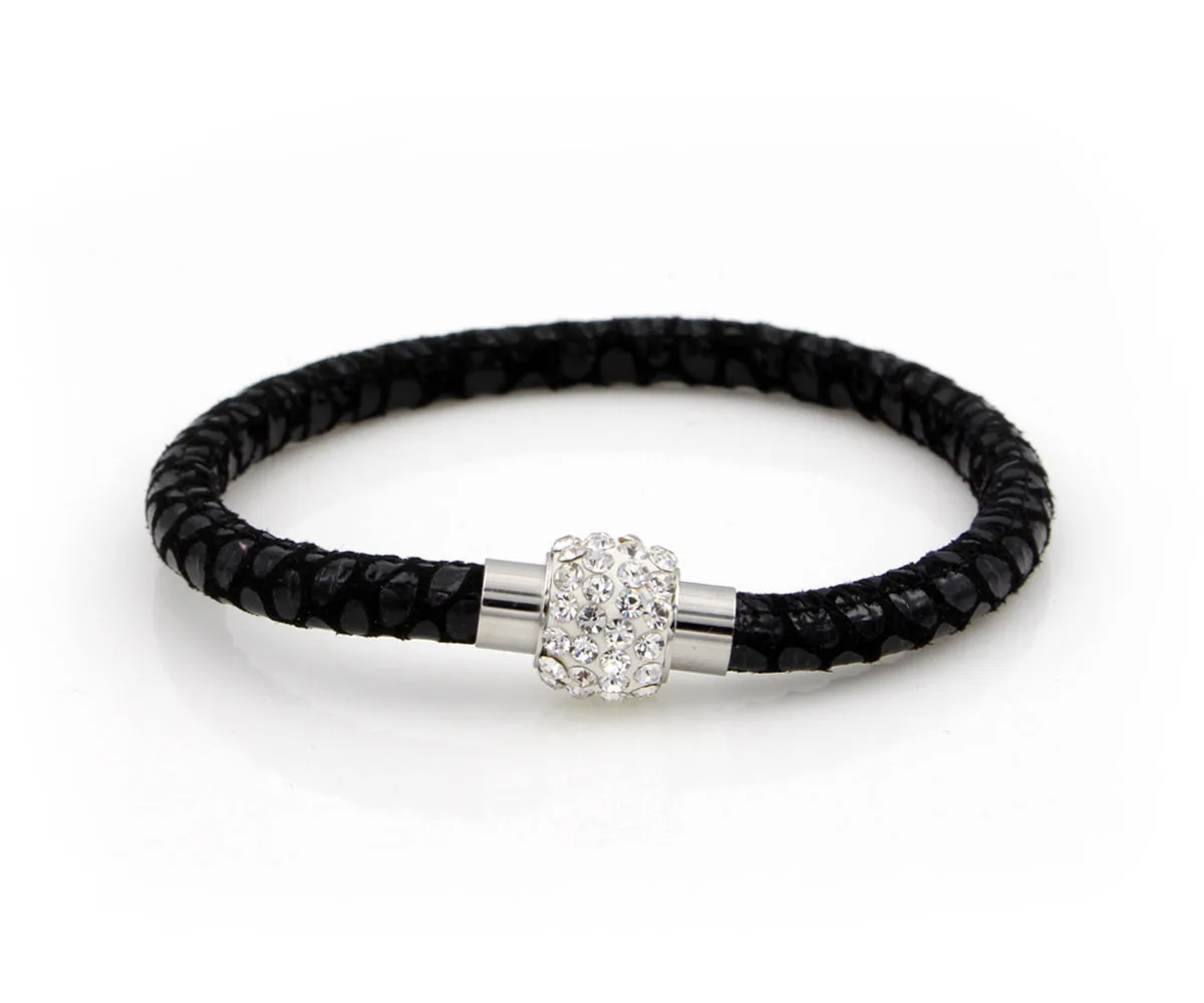 Sparkling Black Leather Single Bracelet