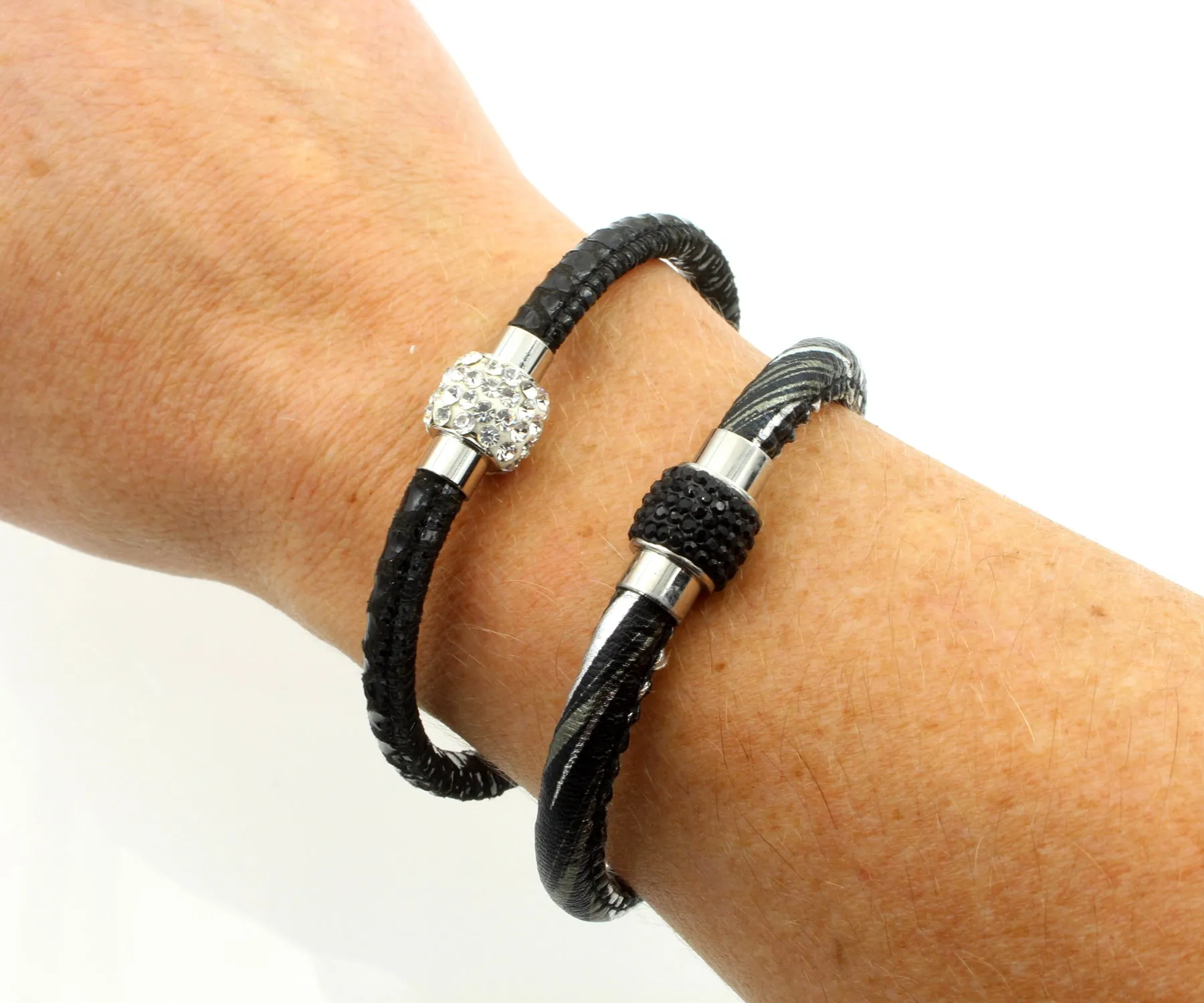 Sparkling Black Leather Single Bracelet