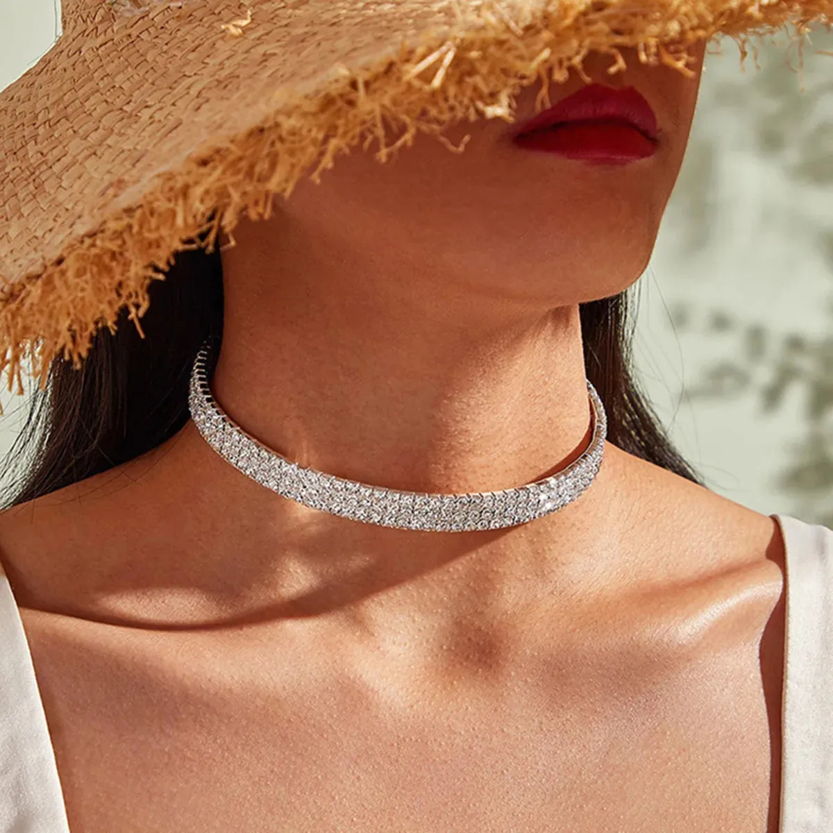Sparkling Silver Color Crystal Collar Chain Choker Necklace Bridal Women Wedding Party Diamante Rhinestone Choker Jewelry Gifts