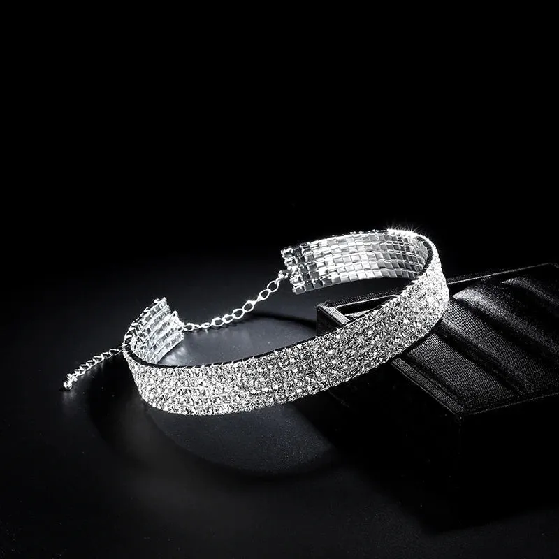 Sparkling Silver Color Crystal Collar Chain Choker Necklace Bridal Women Wedding Party Diamante Rhinestone Choker Jewelry Gifts