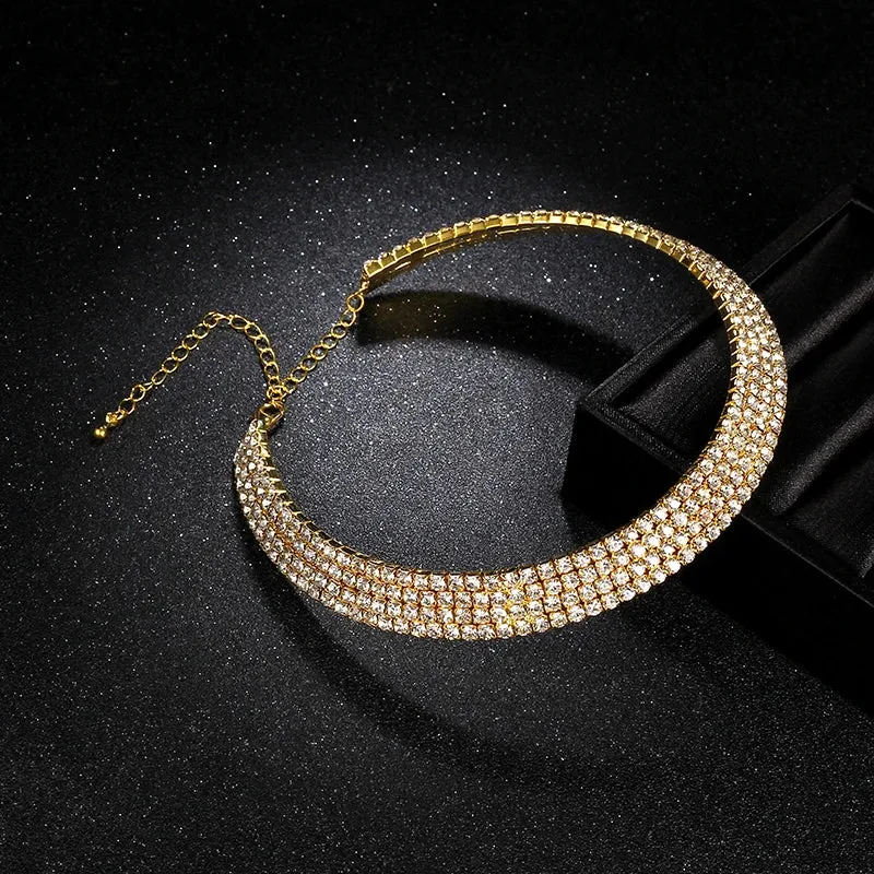 Sparkling Silver Color Crystal Collar Chain Choker Necklace Bridal Women Wedding Party Diamante Rhinestone Choker Jewelry Gifts