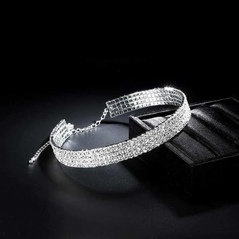 Sparkling Silver Color Crystal Collar Chain Choker Necklace Bridal Women Wedding Party Diamante Rhinestone Choker Jewelry Gifts