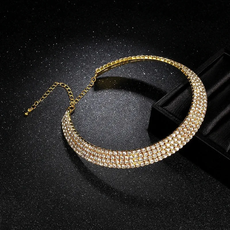 Sparkling Silver Color Crystal Collar Chain Choker Necklace Bridal Women Wedding Party Diamante Rhinestone Choker Jewelry Gifts