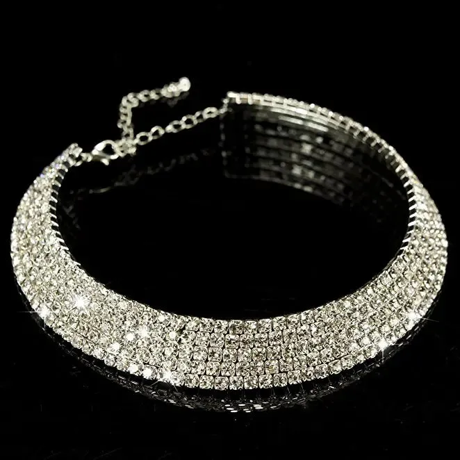 Sparkling Silver Color Crystal Collar Chain Choker Necklace Bridal Women Wedding Party Diamante Rhinestone Choker Jewelry Gifts
