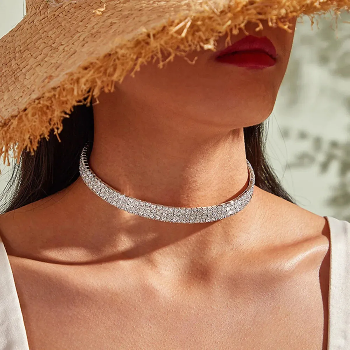 Sparkling Silver Color Crystal Collar Chain Choker Necklace Bridal Women Wedding Party Diamante Rhinestone Choker Jewelry Gifts