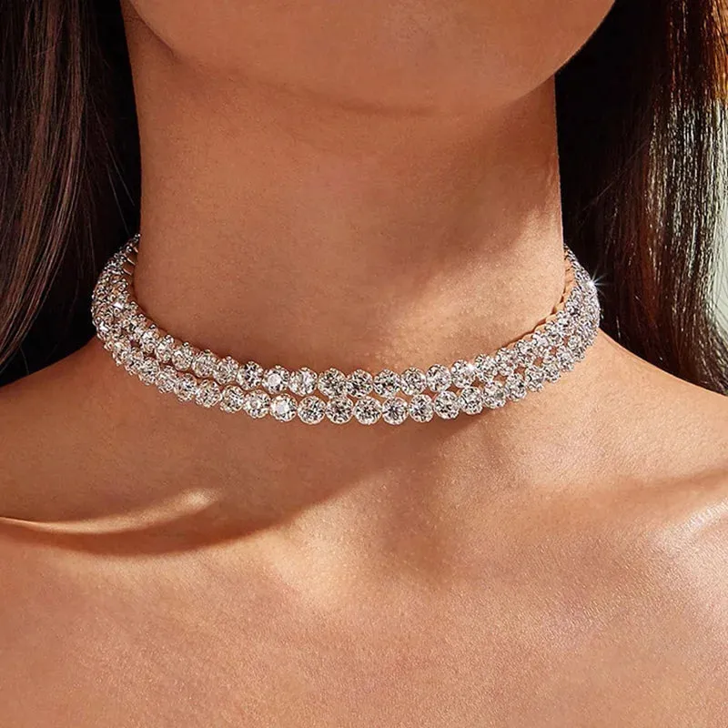 Sparkling Silver Color Crystal Collar Chain Choker Necklace Bridal Women Wedding Party Diamante Rhinestone Choker Jewelry Gifts