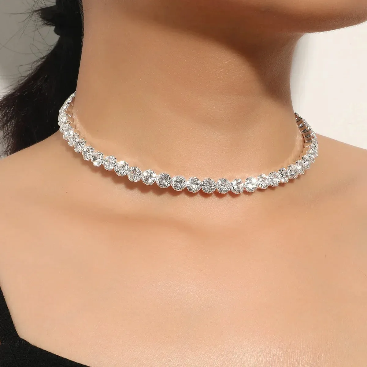 Sparkling Silver Color Crystal Collar Chain Choker Necklace Bridal Women Wedding Party Diamante Rhinestone Choker Jewelry Gifts