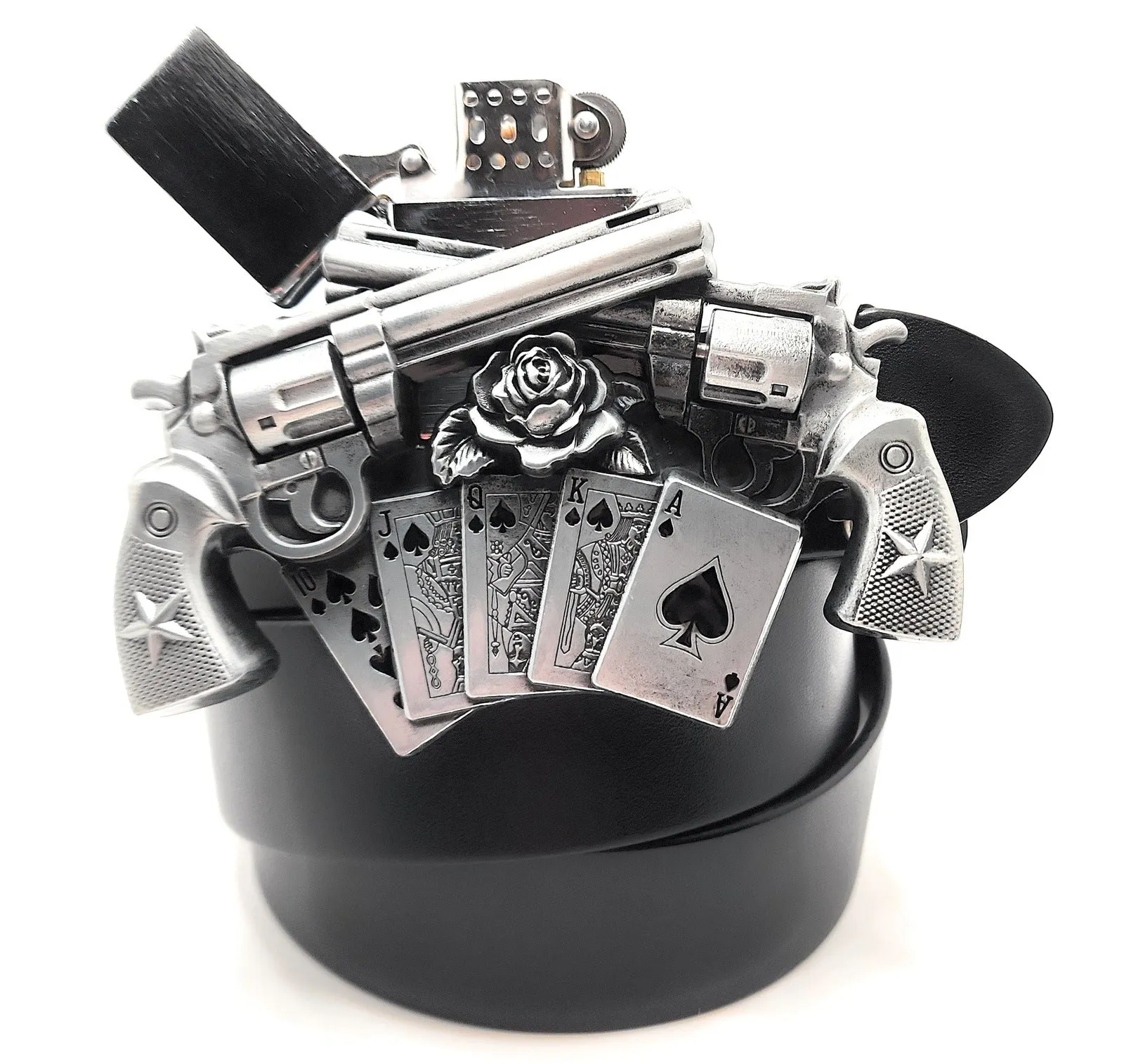 Spinning Revolvers Lighter Belt Buckle and Premium Leather Belt