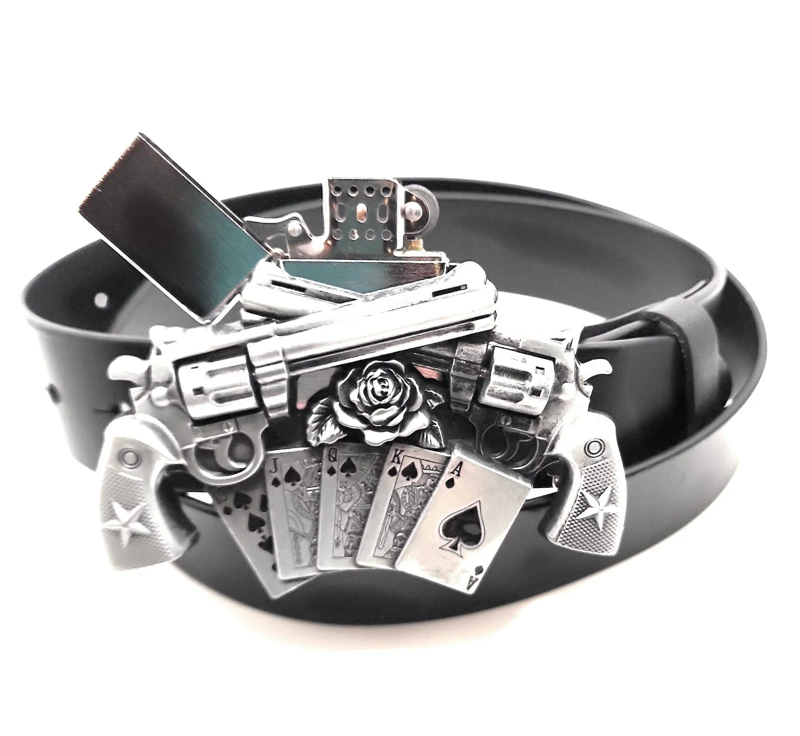 Spinning Revolvers Lighter Belt Buckle and Premium Leather Belt