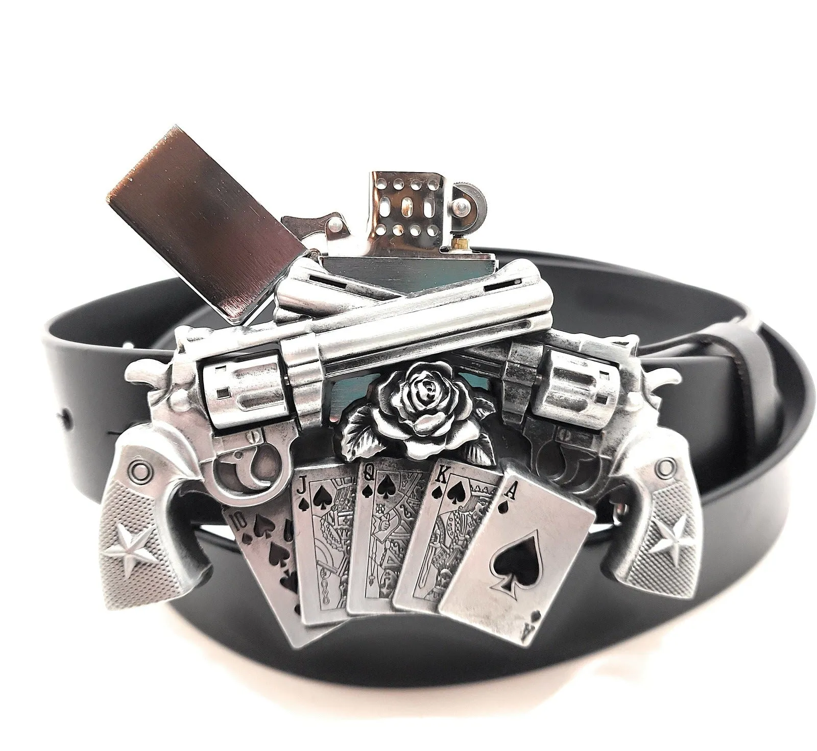 Spinning Revolvers Lighter Belt Buckle and Premium Leather Belt