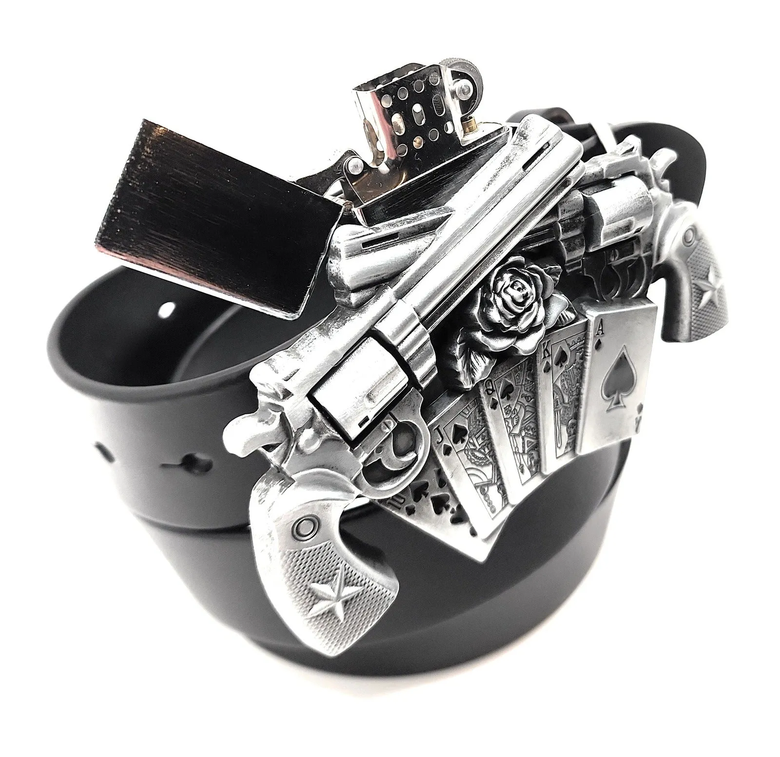 Spinning Revolvers Lighter Belt Buckle and Premium Leather Belt