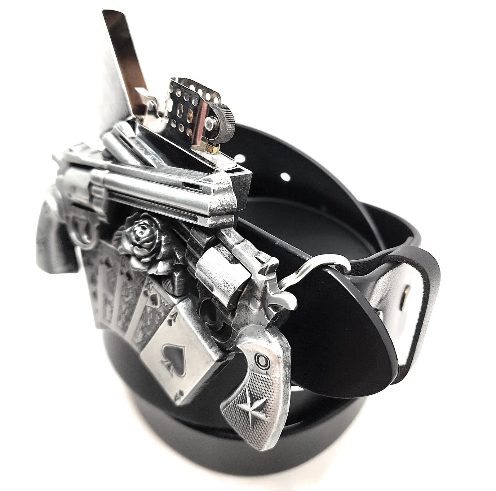 Spinning Revolvers Lighter Belt Buckle and Premium Leather Belt