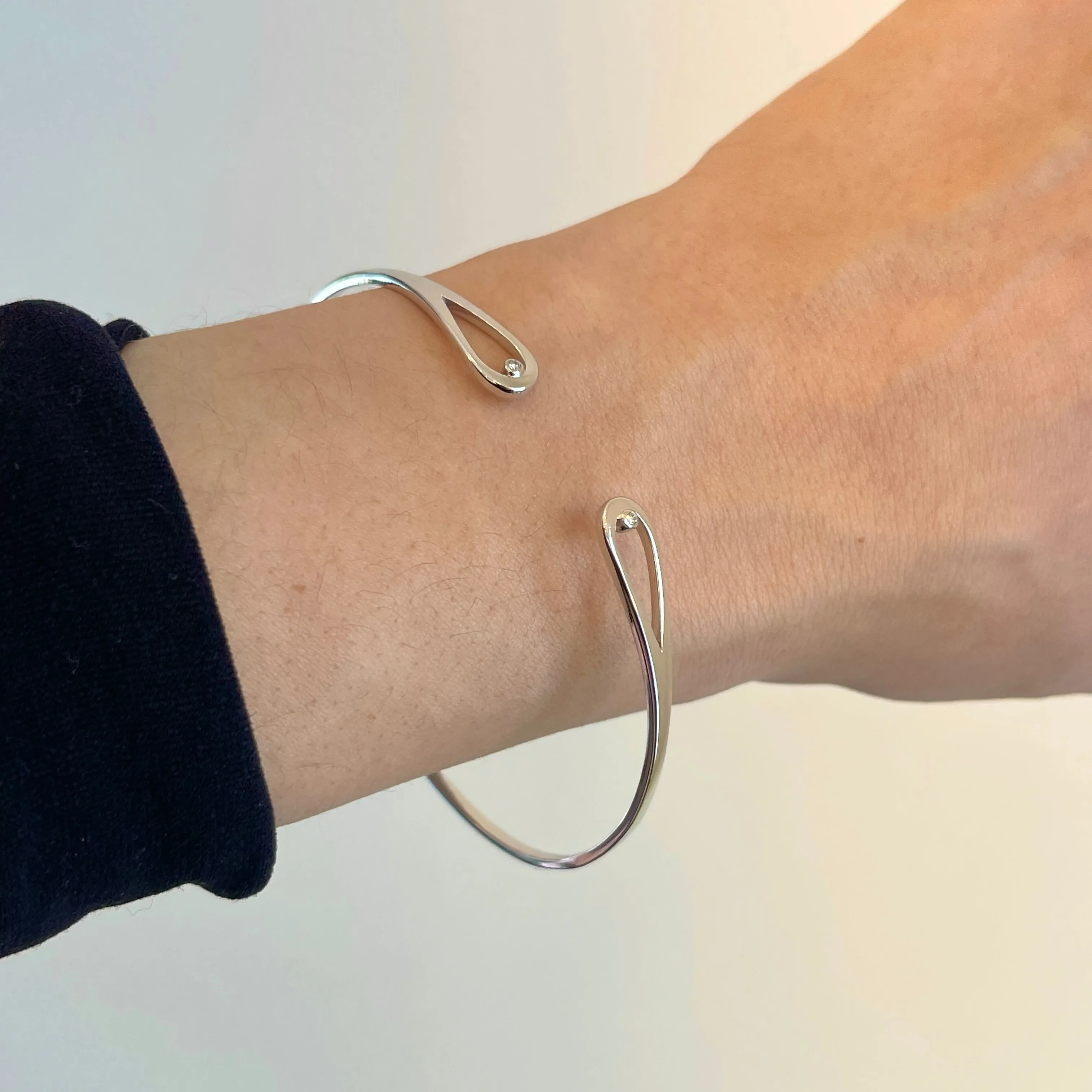Sterling Silver .02 CT Diamond Open Bangle Cuff Bracelet