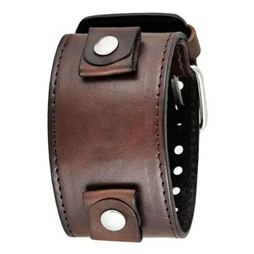 Stitched Brown Leather Wide Cuff
