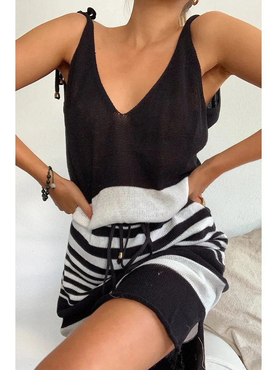 Straps V-neck Striped Belt Knit Mini Dress