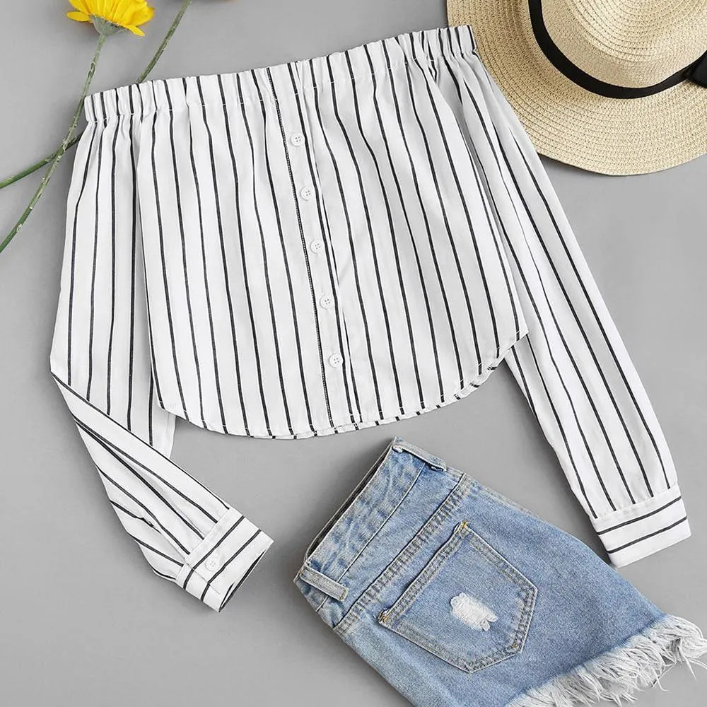 Striped Button-Up Off-Shoulder