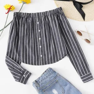 Striped Button-Up Off-Shoulder