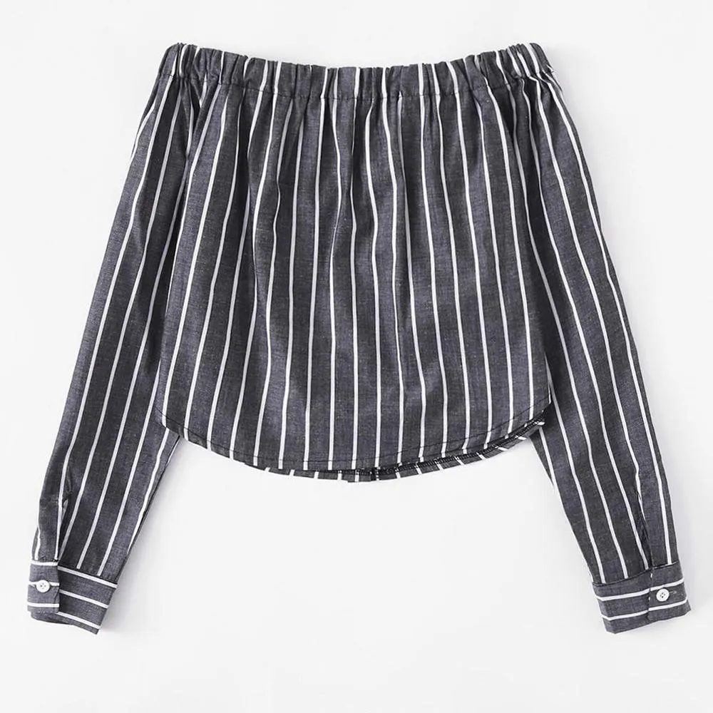 Striped Button-Up Off-Shoulder