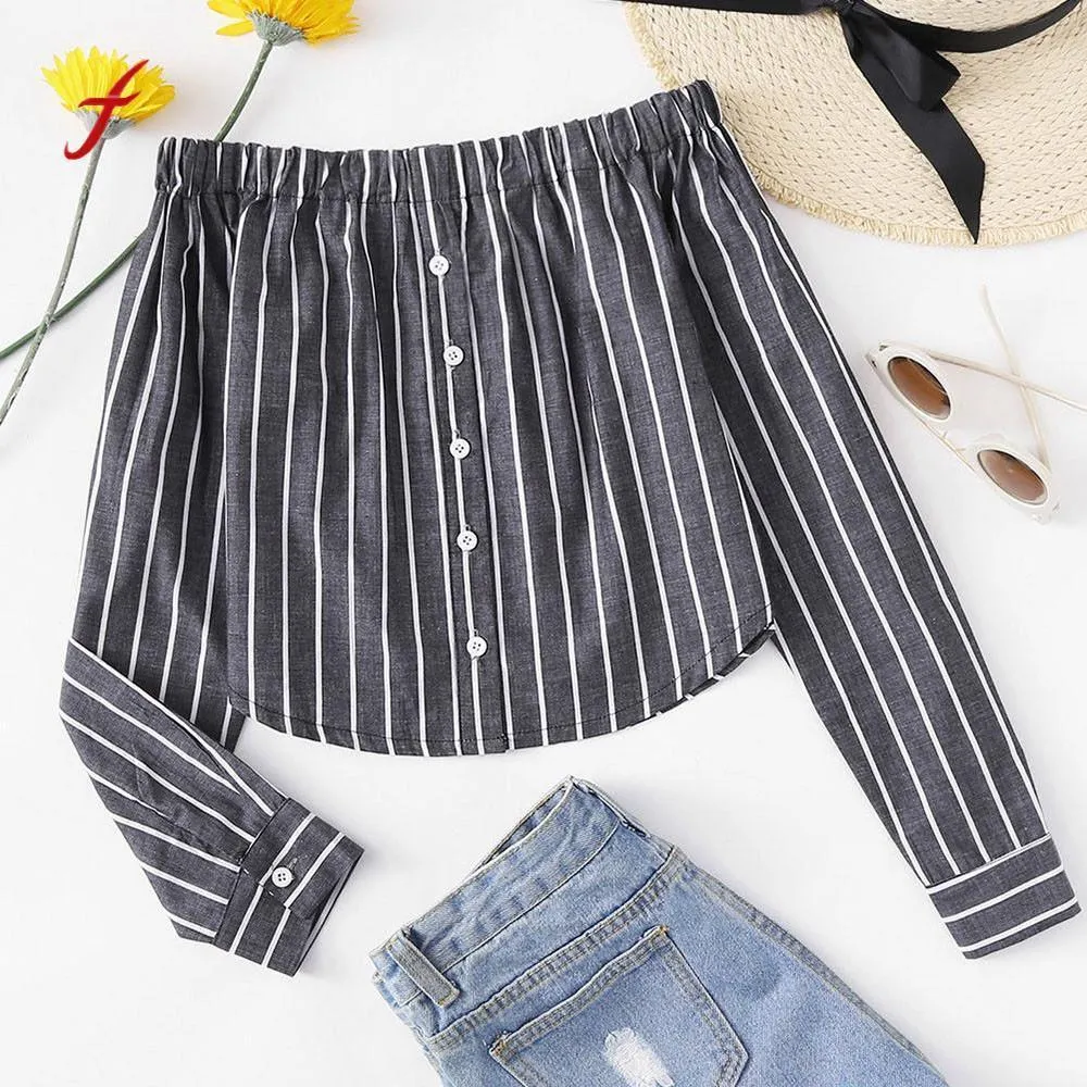 Striped Button-Up Off-Shoulder