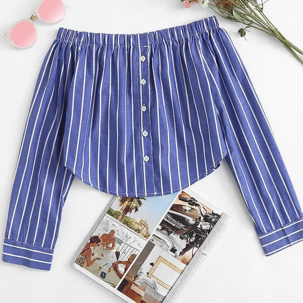 Striped Button-Up Off-Shoulder