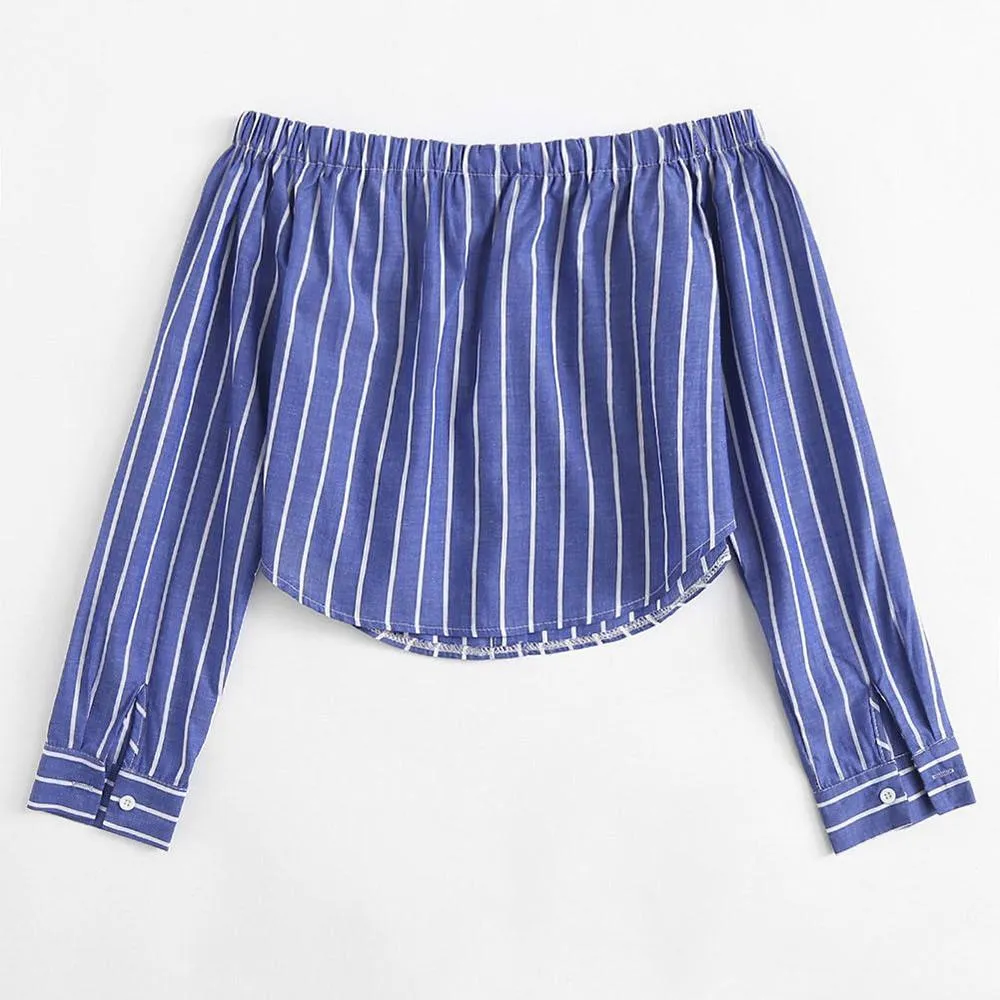 Striped Button-Up Off-Shoulder