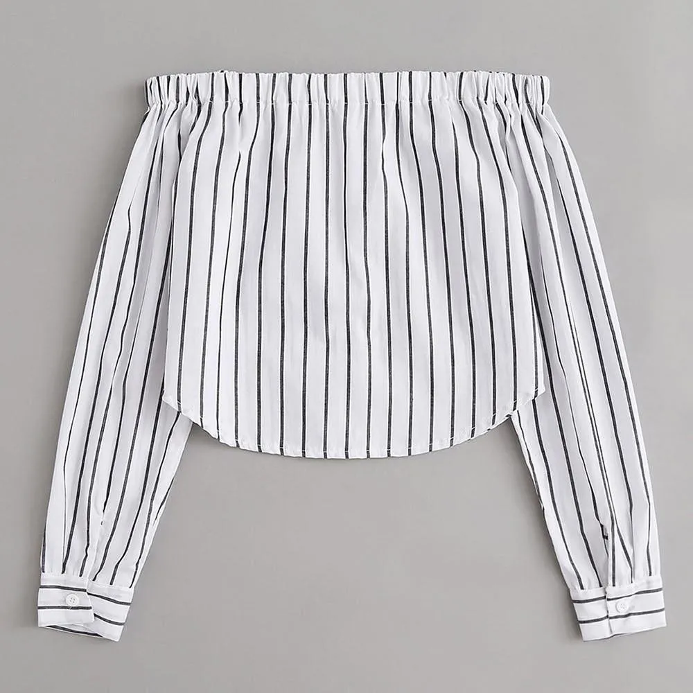 Striped Button-Up Off-Shoulder
