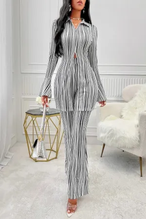 Striped Fluted Sleeve Shirt & High Waist Pants Set