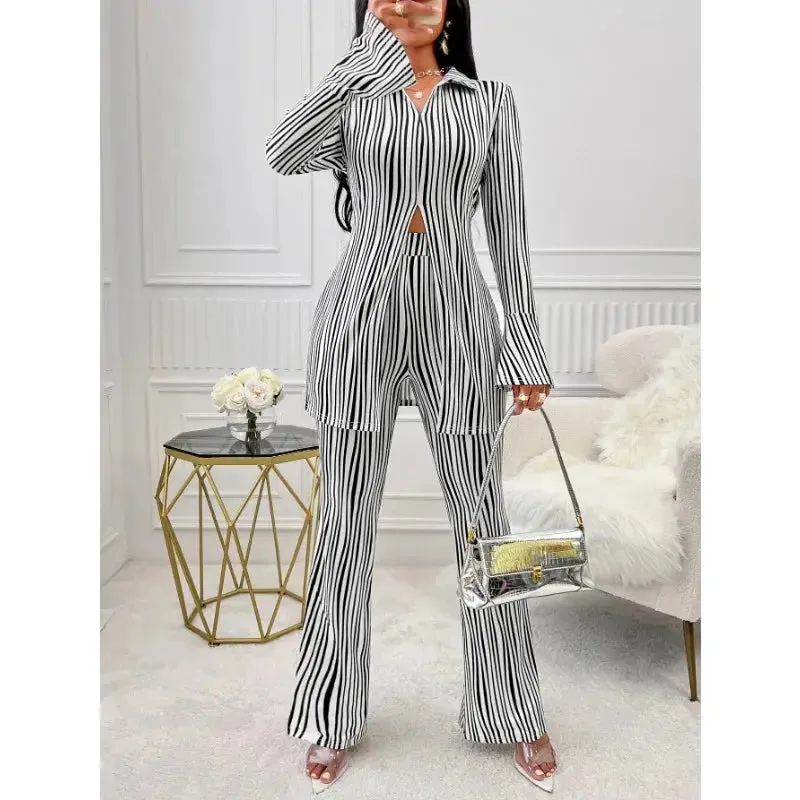 Striped Fluted Sleeve Shirt & High Waist Pants Set