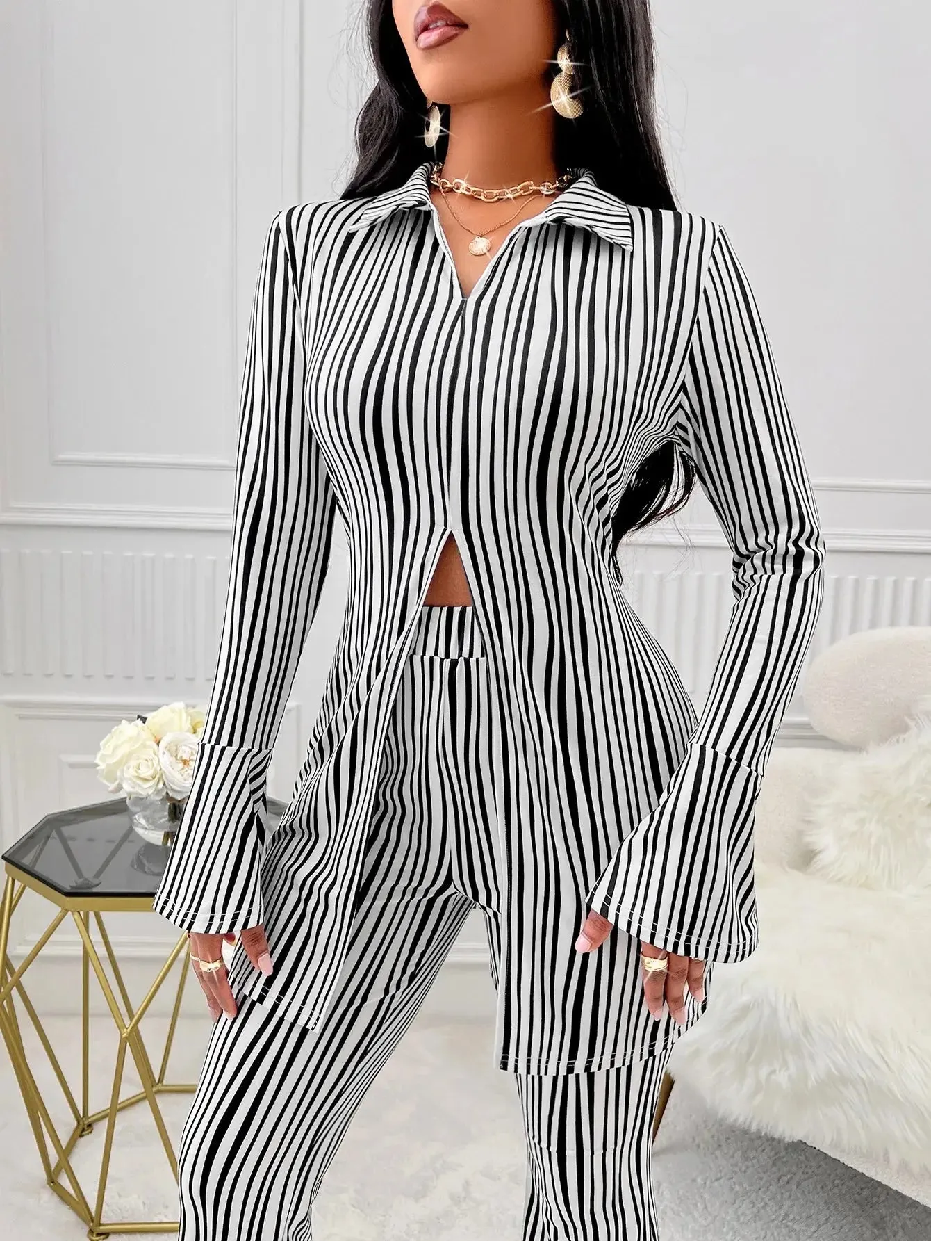Striped Fluted Sleeve Shirt & High Waist Pants Set