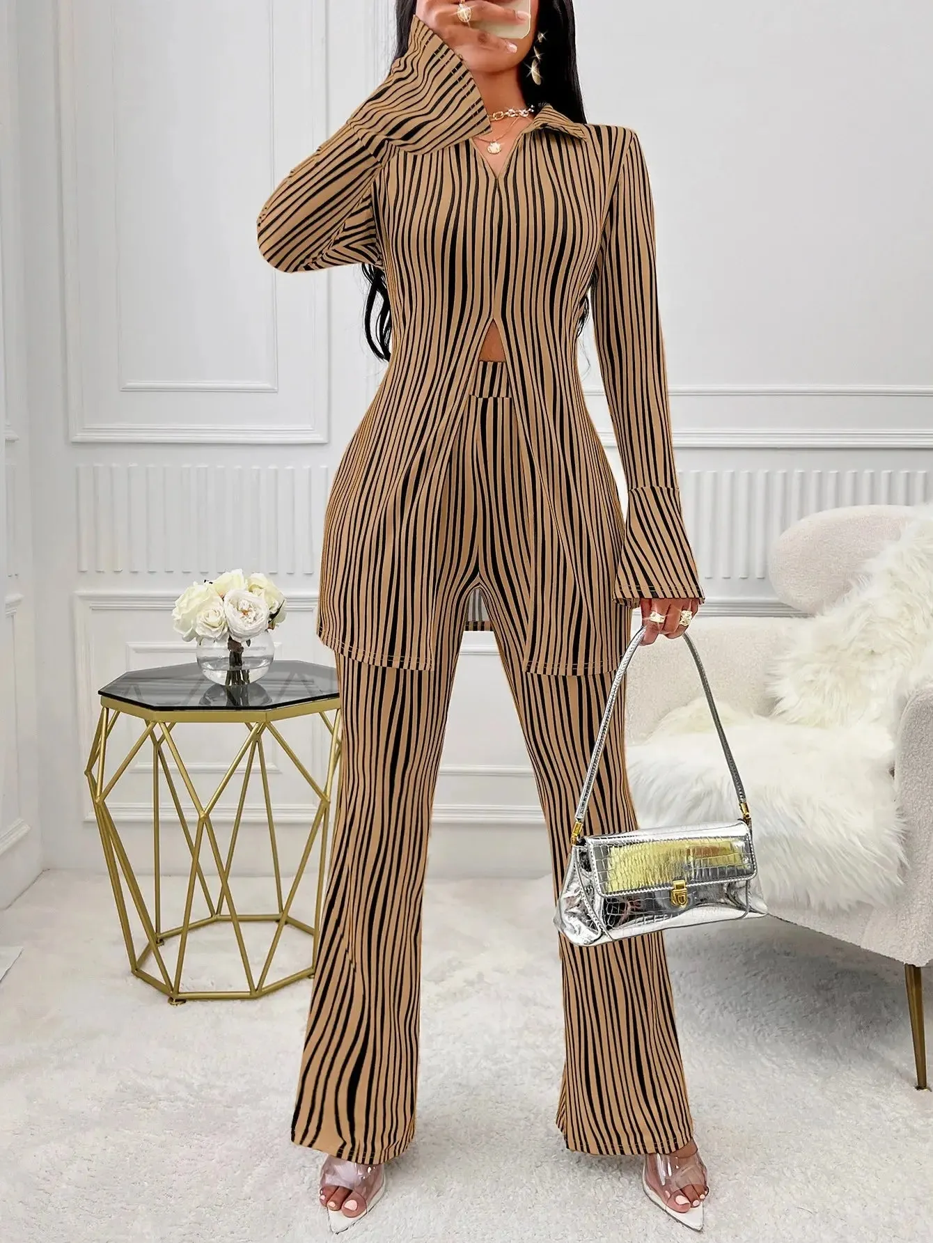 Striped Fluted Sleeve Shirt & High Waist Pants Set