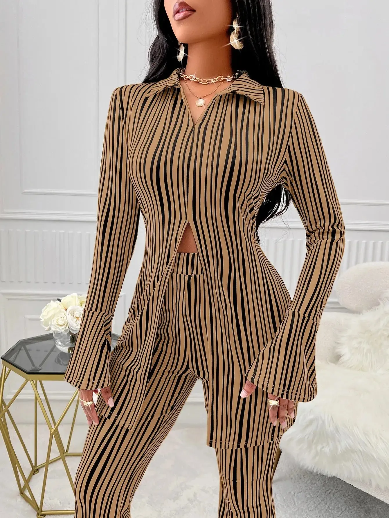 Striped Fluted Sleeve Shirt & High Waist Pants Set