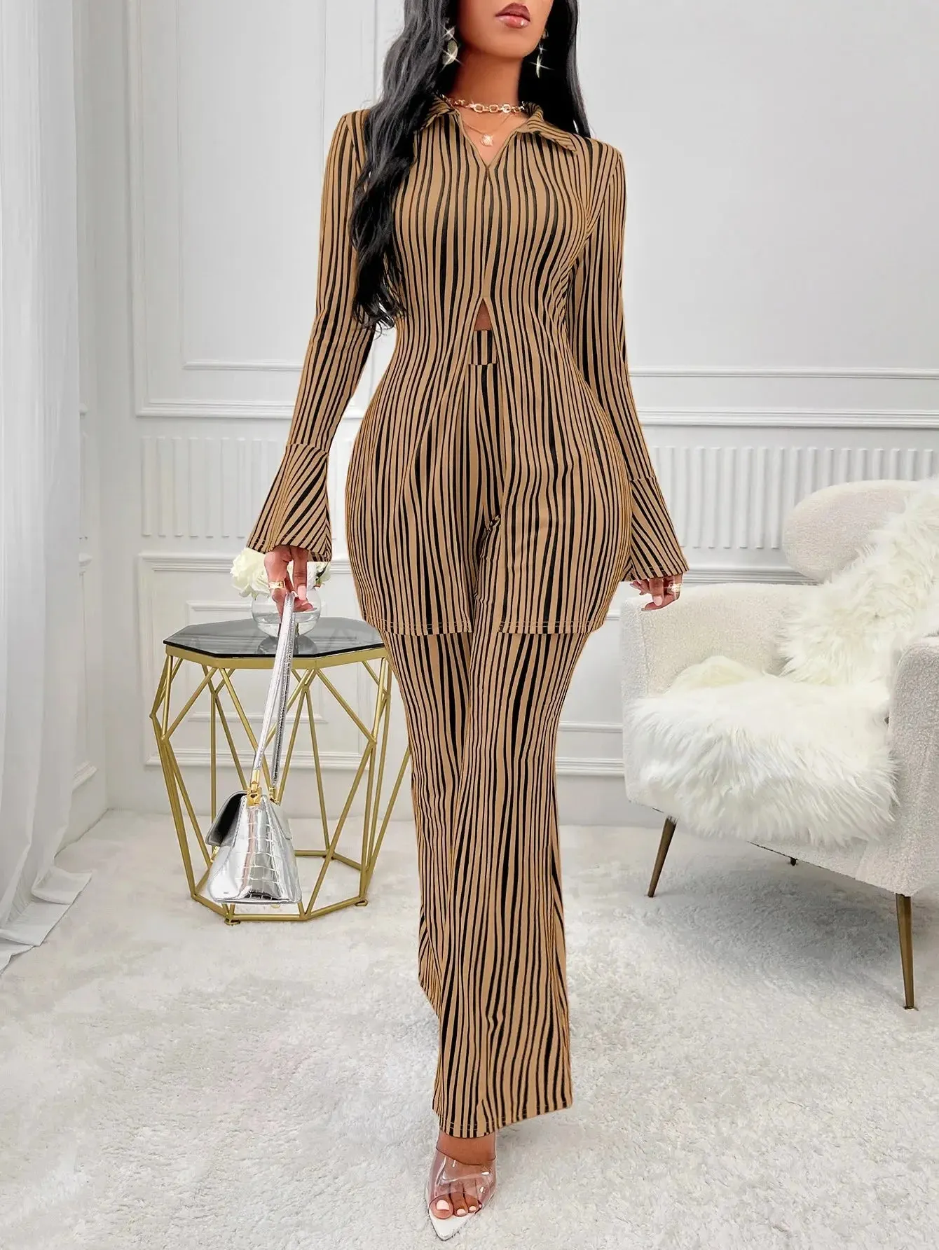 Striped Fluted Sleeve Shirt & High Waist Pants Set
